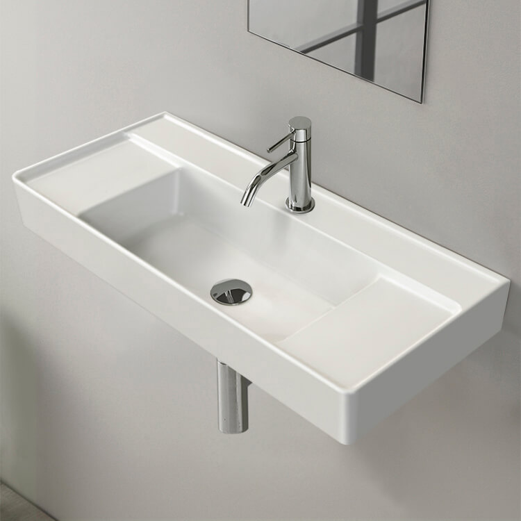 CeraStyle 046500-U-One Hole Rectangular White Ceramic Wall Mounted or Drop In Sink With Counter Space